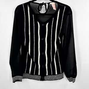 Tulle Cardigan Sweater Women's Medium Black White Knitted V‎ Neck Button Front